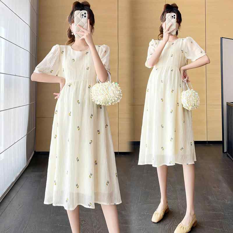マタニティ 夏 ワンピース ミモレ丈 上品 若見え 刺繍 シフォン ラウンドネック 着痩せ