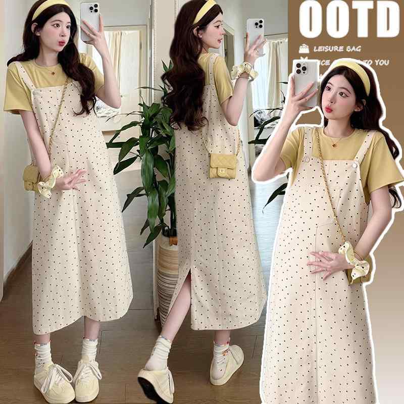 マタニティ 夏物 お出かけ 韓国風 若見え さわやか 半袖トップス ジャンパースカート サロペットスカート 2点セット