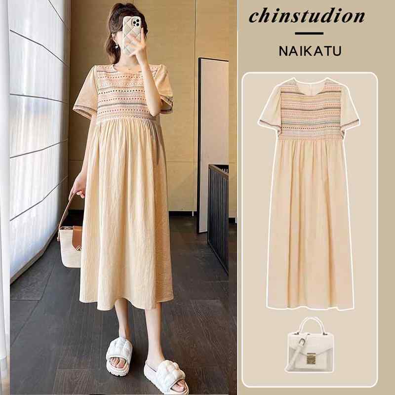 妊婦 マタニティ 夏服 半袖 ワンピース ドレス 刺繍 おしゃれ 上品