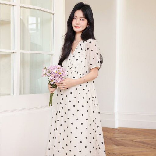マタニティ 妊婦服 夏用 薄手 軽量 水玉模様 ドット柄 フレンチスタイル Vネック パフスリーブ ミディ丈 ワンピース ドレス 産前産後 マタニティ 妊婦服 夏用 薄手 軽量 水玉模様 ドット柄 フレンチスタイル Vネック パフスリーブ ミディ丈 ワンピース ドレス 産前産後