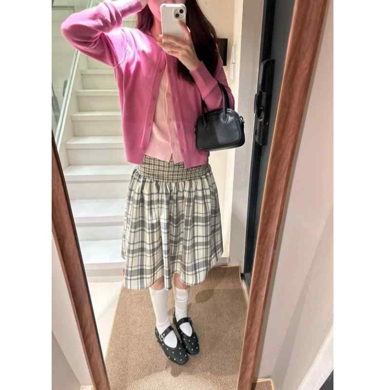 春物 レディース レトロチェック柄 パッチワーク シャーリング ワイドウエスト ハイウエスト 着回し ふんわり Aラインスカート