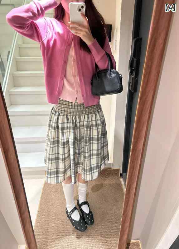 春物 レディース レトロチェック柄 パッチワーク シャーリング ワイドウエスト ハイウエスト 着回し ふんわり Aラインスカート