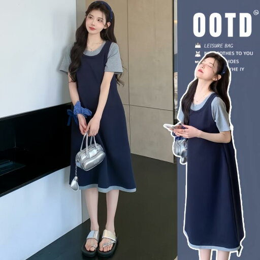 妊娠中 妊婦 マタニティ 夏服 韓国風 カジュアル 重ね着風 ドッキング フェイクツーピース 半袖 ゆったり おしゃれ Tシャツワンピース マキシ丈 普段着にも 妊娠中 妊婦 マタニティ 夏服 韓国風 カジュアル 重ね着風 ドッキング フェイクツーピース 半袖 ゆったり おしゃれ Tシャツワンピース マキシ丈 普段着にも
