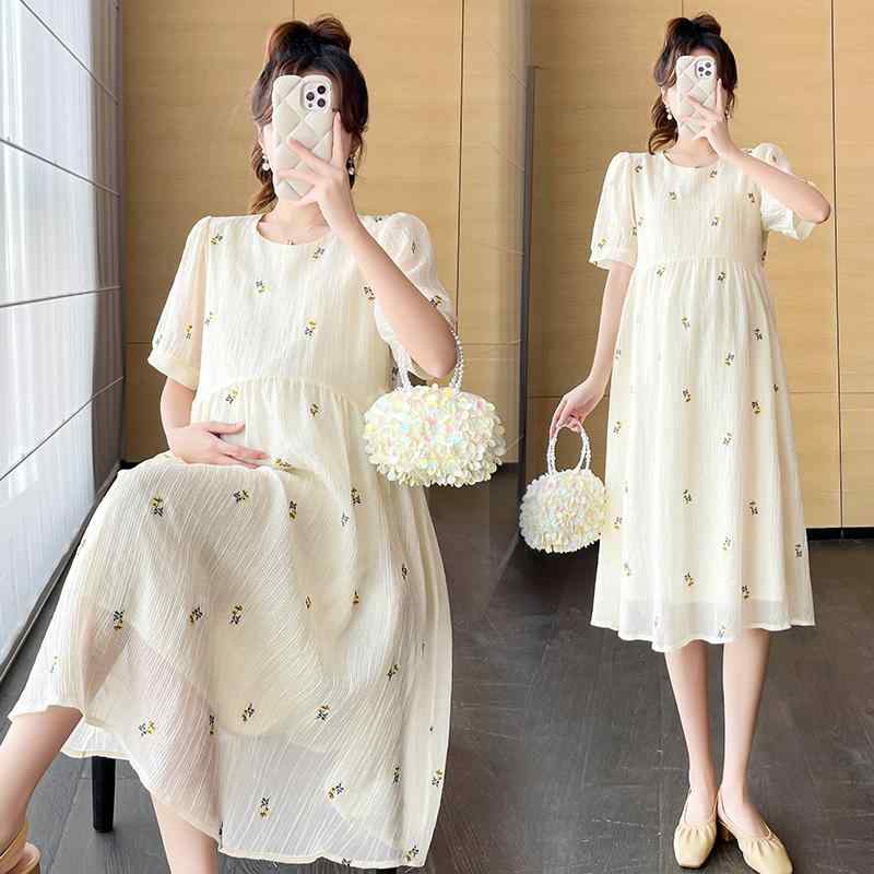 マタニティ 夏 おしゃれ 韓国風 ワンピース ドレス テンセル 刺繍 スウィート フェミニン ナチュラル ゆったり 体型カバー 若見え 淑女
