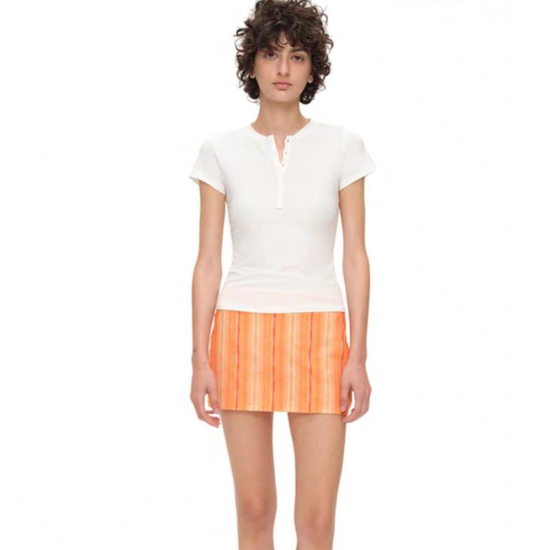 オレンジ チェック柄 格子柄 ストライプ柄 縦縞 プリント 綿100% レトロ ビンテージ 着痩せ スタイルアップ 細見え ミニスカート ショートスカート