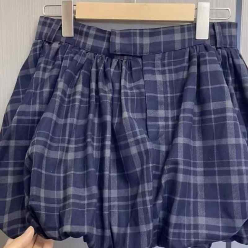 チェック柄 レディース 春夏 ハイウエスト 着痩せ ギャザーたっぷり Aライン ミニスカート フレンチレトロ スクールテイスト 香港スタイル