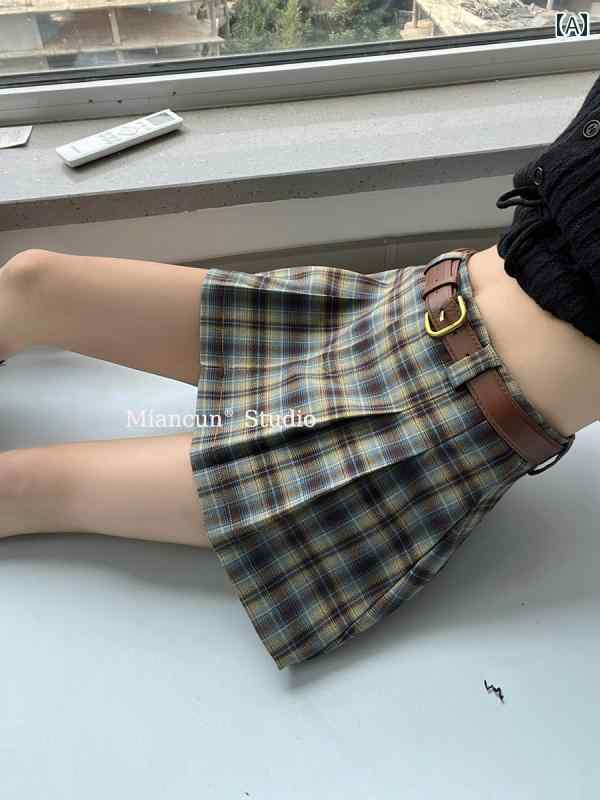 レトロ 甘め スクール風 チェック柄 プリーツ Aライン ローウエスト 着痩せ 細見え 春秋 レディース ミニスカート