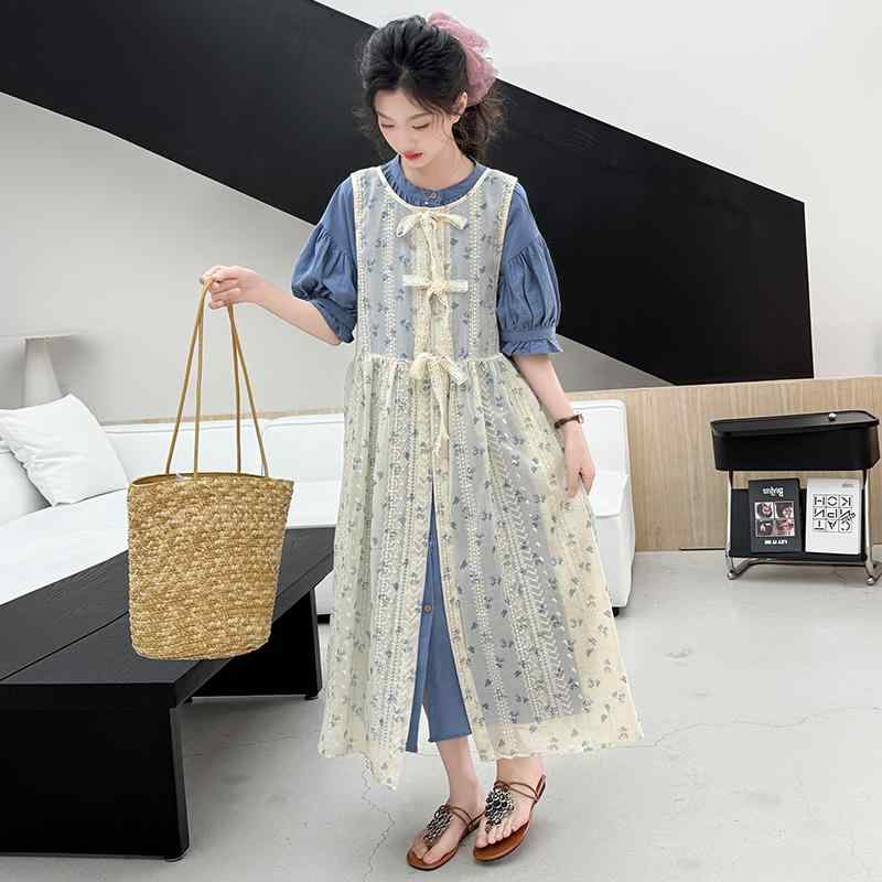 女の子 ガールズ 夏 サマー とても可愛い 上品な 妖精風 パフスリーブ バルーンスリーブ ノースリーブ ブラウス チュニック ロング丈 マキシ丈 ワンピース ドレス ビーチ リゾートウェア