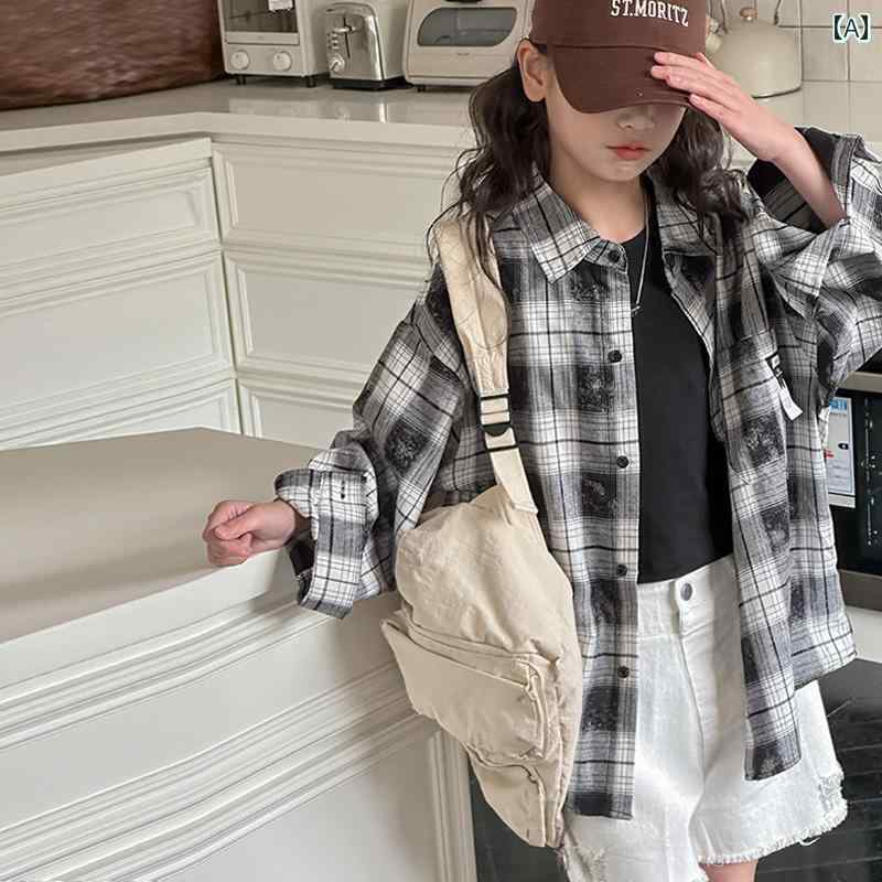 韓国風 ガールズ 女の子向け 白黒格子柄 モノクロチェック シャツ ブラウス 春物新作 薄手 ライトアウ..