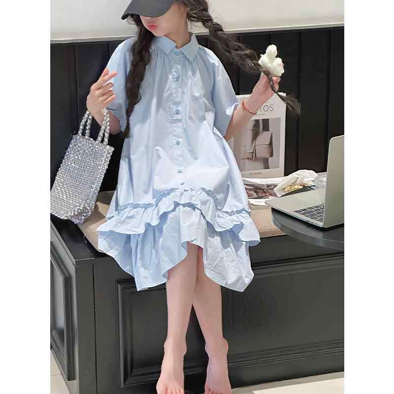 韓国風 女の子 女児 ガールズ 子供服 キッズ 襟付き シャツワンピース ドレス ゆったり 新作 夏物 夏服 パフスリーブ Aライン フレア
