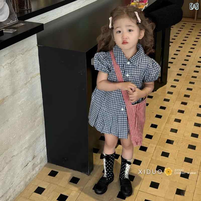 女の子 女児 キッズ 子供服 学院風 スクールスタイル 韓国風 おしゃれ 上品 可愛い チェック柄 格子模様 襟付き ターンカラー パフスリーブ バルーン袖 シャツワンピース ドレス