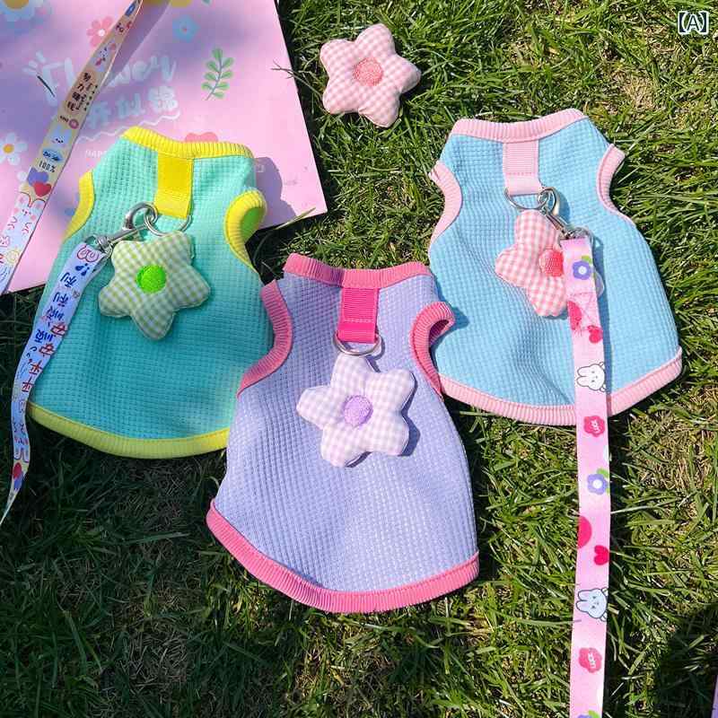 春夏新作 ペット 犬 猫 用 可愛い キャラクター 柄 ハーネス リード 一体型 ベスト 子犬 子猫 幼犬 幼猫 兼用 抜け毛防止 毛落ち対策 お散歩 ウォーキング ウェア ドッグウェア キャットウェア