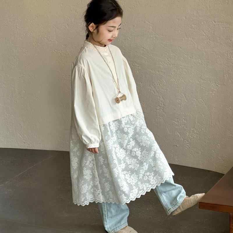 女児 お子様 ジュニア向け ガールズ 子供用 春秋物 新作 可愛い カジュアル 長袖 レース切り替え シャツワンピース ブラウスドレス 一体型スカート ドレス