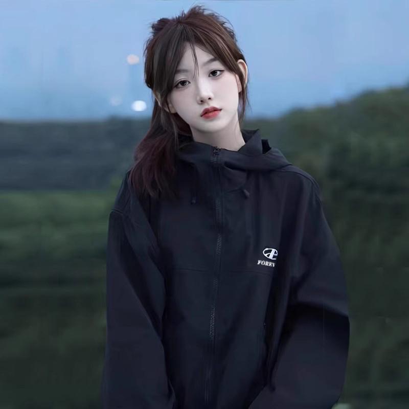 黒色 女性用 レディース 春秋 薄手 ライトアウター マウンテンパーカー ウィンドブレーカー ジャケット カジュアル ゆったり オーバーサイズ フード付き パーカー レトロ クラシック 着回し 万能 おしゃれ ファッション 上着