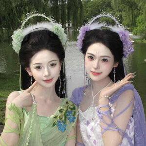 古風な七仙女のヘッドドレス 漢服や時代衣装にぴったりの絹紗花と流蘇の髪飾り 超絶美しい羽飾りとパールビーズの揺れるリボン付きヘアバンド