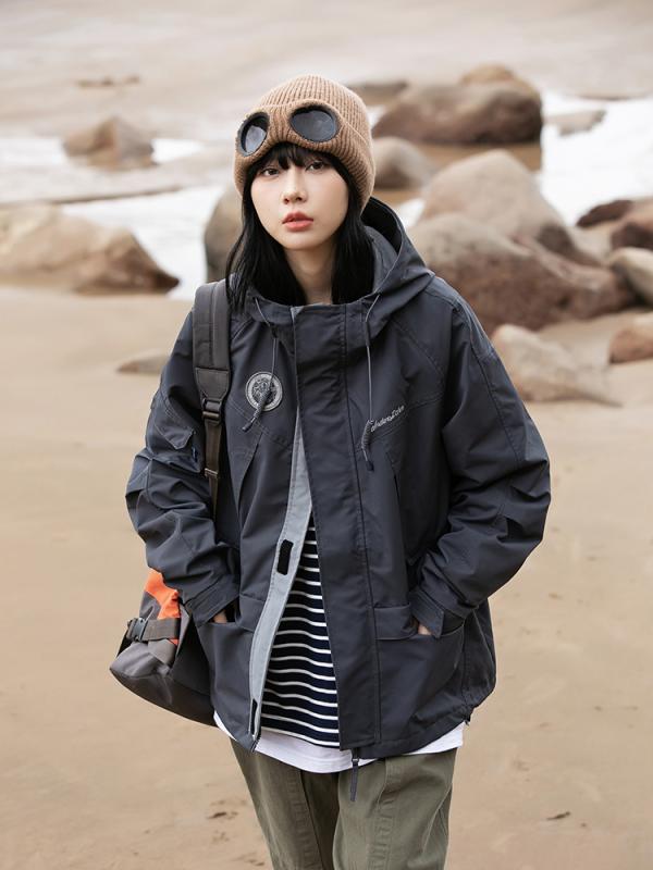 日系 和風 ファッション トレンド アウトドア レジャー スポーツ パッチワーク フード付き ワークジャケット ブルゾン ゆったり リラックスフィット レディース 女性用 カップル ペア 男女兼用 マウンテンパーカー ウィンドブレーカー アウター 上着