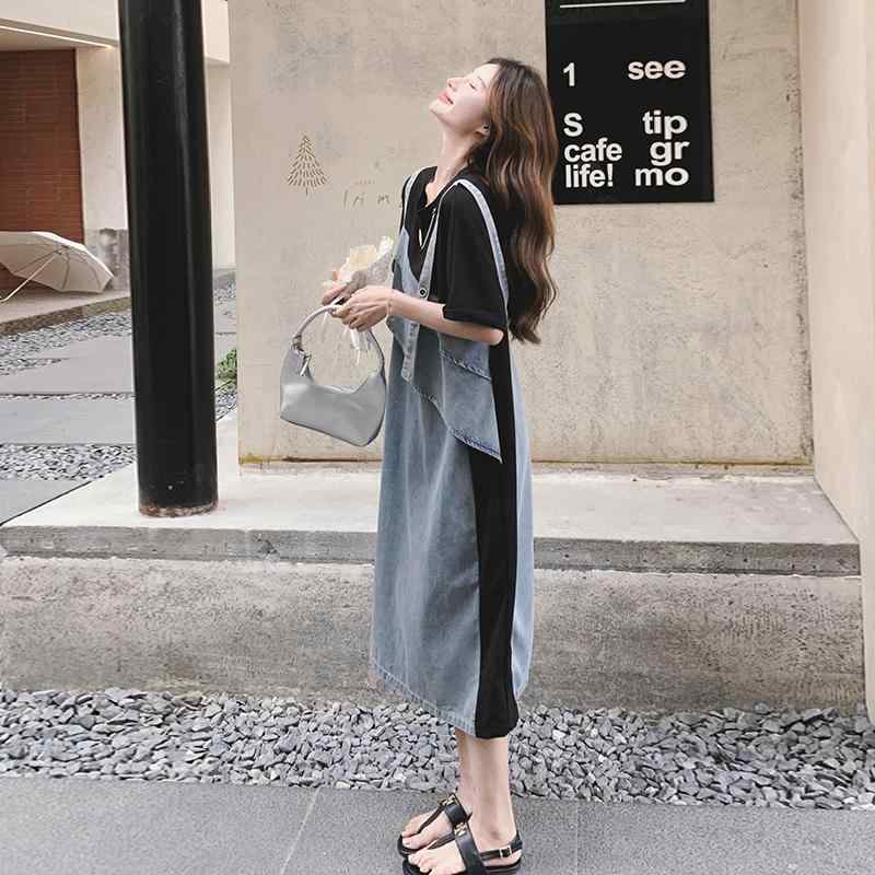 妊婦さん マタニティ ワンピース フェイクツーピース ドッキング 異素材ミックス 切り替え デニム スカート風 ドレス 夏 涼しげ 快適 着心地 ゆったり シルエット 体型カバー お腹周り 安心 普段使い お出かけ 夏物 アイテム