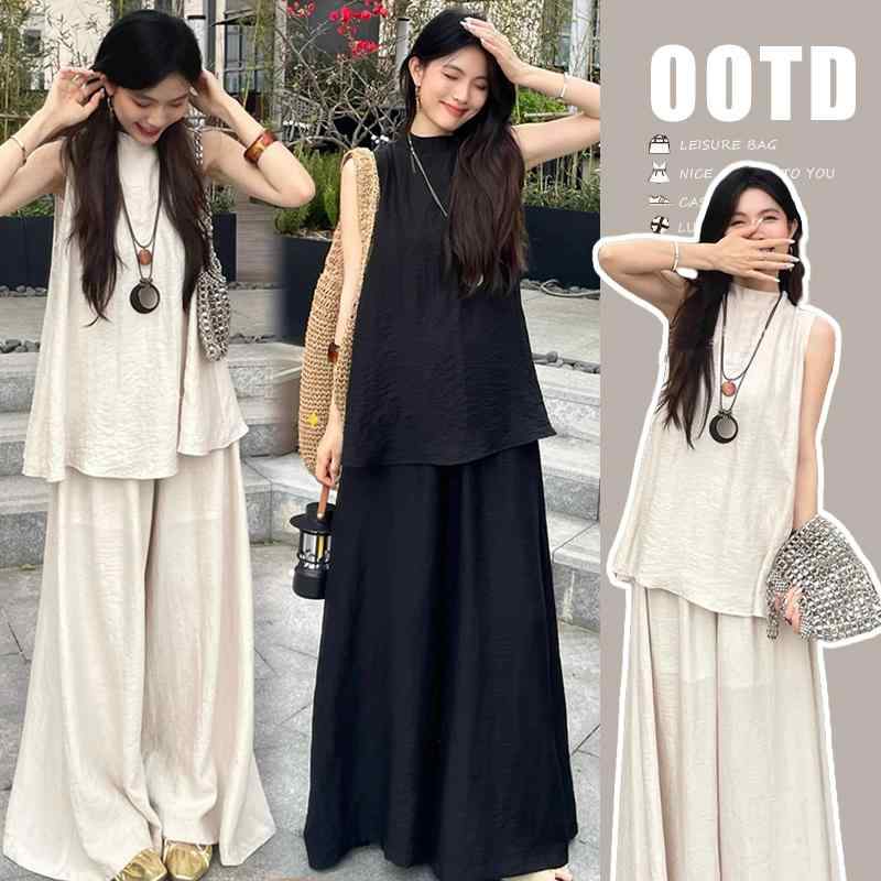 妊婦 マタニティ 夏物 サマーウェア フレンチシックなノースリーブトップスと スカート見えワイドパンツ の上下2点セット ゆったり楽ちん 女性用