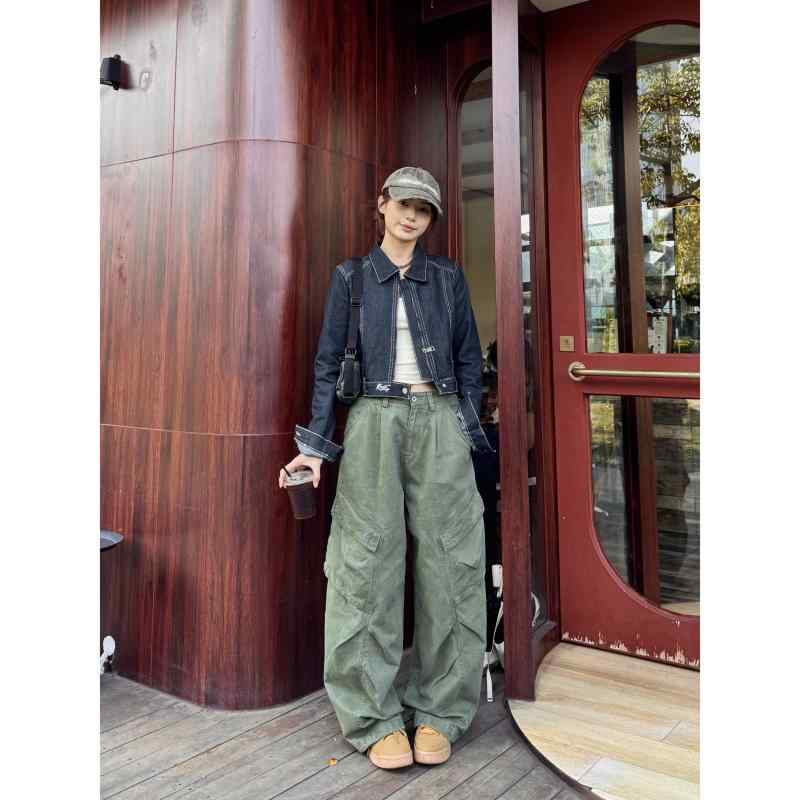 アメリカンレトロ ゆったり ルーズフィット ストレート ワイドレッグ マルチポケット 多機能ポケット デザイン性 カーゴパンツ ワークパンツ レディース 女性用 ストリート系 カジュアル リラックス ロングパンツ 長ズボン