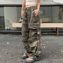 アメリカン レトロ ヴィンテージ ユーズド加工 迷彩柄 カモフラージュ ワークパンツ カーゴパンツ 男女兼用 ユニセックス ゆったり ワイド ストレート 細見え 体型カバー カジュアル ロングパンツ 長ズボン ボトムス