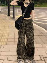 アメリカンヴィンテージ風 ストリート系 迷彩柄 ワークパンツ レディース 夏物 ゆったり ルーズフィット カジュアル ストレート ワイドシルエット ドレープ感 落ち感 フルレングス ボトムス 女性用 リラックススタイル