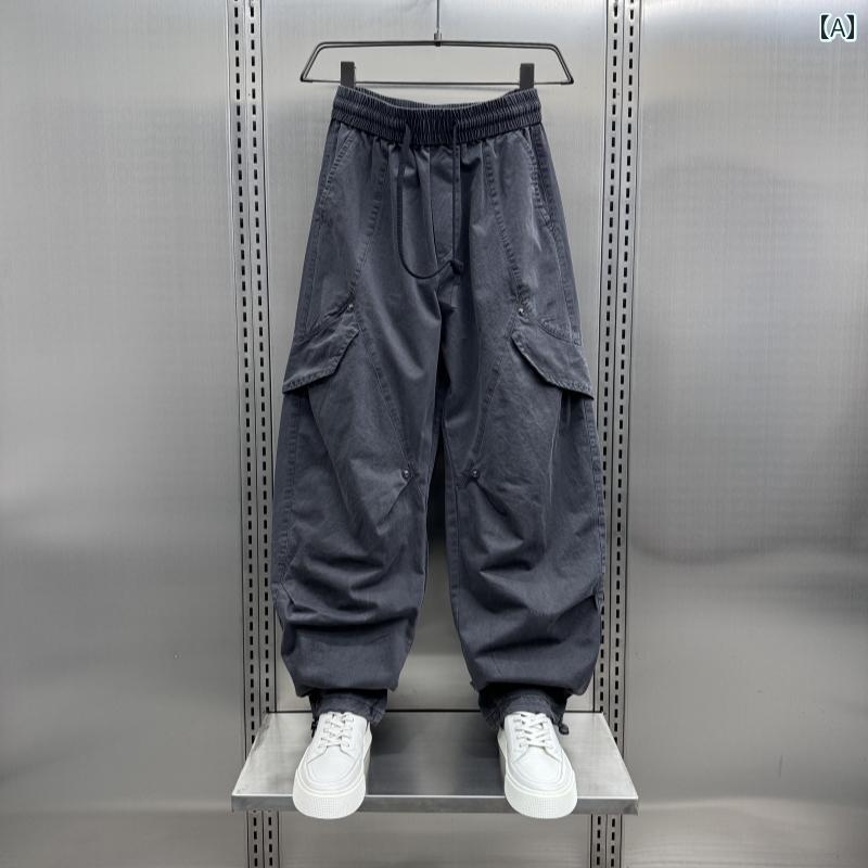 日系 ファッション トレンド レトロ ヴィンテージ調 プリーツ加工 マルチポケット 多機能 高機能 ワークパンツ カーゴパンツ メンズ 男性用 春 夏 ゆったり ルーズフィット ストレート ワイドシルエット カジュアルパンツ リラックスパンツ