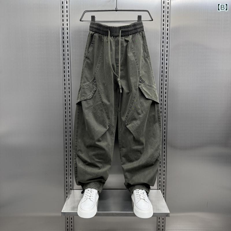 日系 ファッション トレンド レトロ ヴィンテージ調 プリーツ加工 マルチポケット 多機能 高機能 ワークパンツ カーゴパンツ メンズ 男性用 春 夏 ゆったり ルーズフィット ストレート ワイドシルエット カジュアルパンツ リラックスパンツ