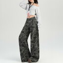 アメカジ ストリート系 レトロ ワークテイスト 迷彩柄 カモフラージュ ワイドストレート レディース デニムパンツ 春物 裏起毛 フリース生地 暖か ハイウエスト ゆったり ルーズ 細見え効果 ジーンズ ボトムス ズボン