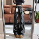 アメカジ ストリート系 ミリタリーグリーン カーキ色 迷彩柄 ワークテイスト デニムパンツ レディース 女性用 春秋向け ハイウエスト ストレートワイド ロング丈 フルレングス ジーンズ ジーパン 長ズボン