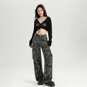 レトロな 迷彩柄 ワークテイスト デニムパンツ ジーンズ ジーパン レディース 女性用 アメリカン ハイストリート系 ゆったり ルーズ 着痩せ効果 細見え 小柄 低身長向け ドレープ感 落ち感 ワイドパンツ