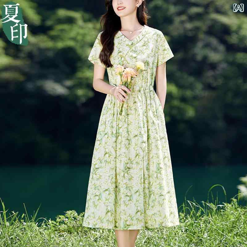 純綿 上質 小花柄 フラワーパターン 女性用 レディース 夏物 ウエストマーク 細見え エレガント 気品ある レトロ クラシック チャイナボタン 新中華風 ワンピース