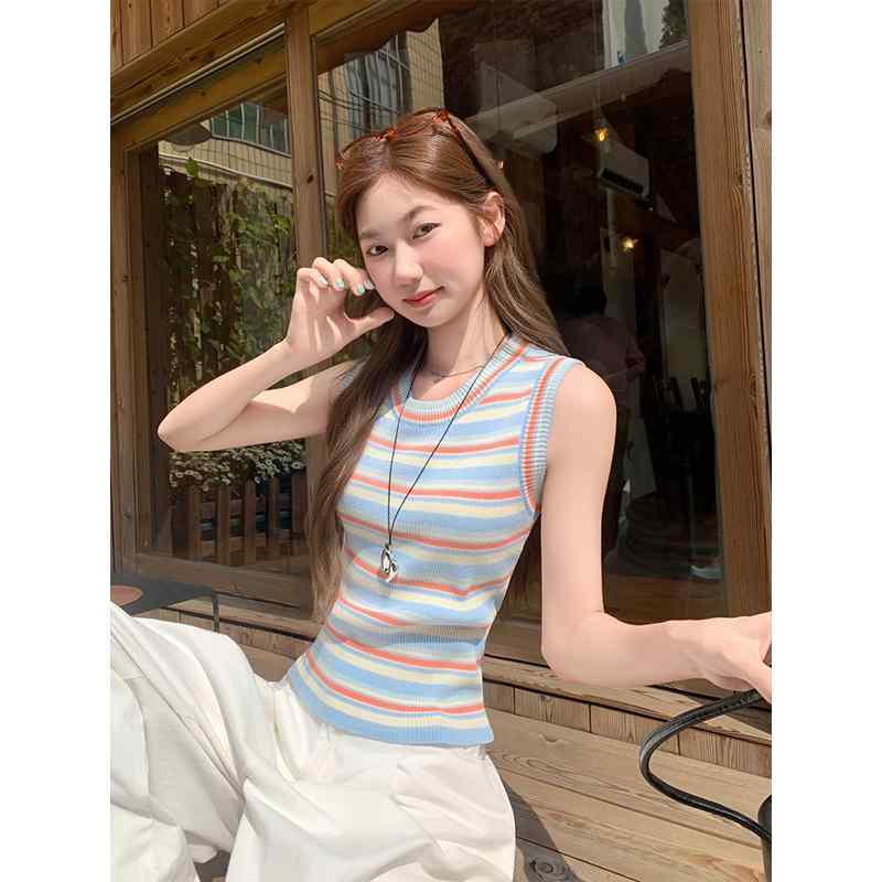 レディース 女性用 配色 ストライプ柄 ニット キャミソール ノースリーブ タンクトップ ベスト 重ね着 アウター スリムフィット 着痩せ 細見え トップス インナー 上着