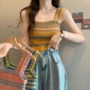 虹色ストライプ ひんやり冷感 アイスシルク キャミソール タンクトップ 女性用 夏物 アウターとしても インナーとしても 大きいサイズ ぽっちゃりさん向け 体型カバー 美背 スクエアネック ニットトップス