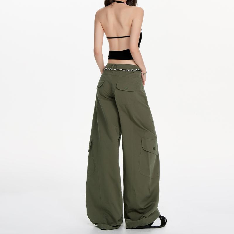 純綿 アメリカンスタイル ミリタリーグリーン 湾曲シルエットパンツ 女性用 夏物 薄手 ゆったり リラックスフィット ワイドレッグ カジュアル ワークカーゴパンツ