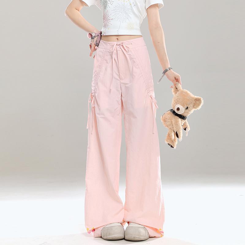 夏用 リラックス感あふれる ゆったり ワイド ドロスト 紐付き ウエストゴム アメリカンカジュアル アメカジ ワークテイスト カーゴパンツ ストレート イージーパンツ レディース 女性用 夏物 カジュアルパンツ