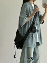 日本風 レトロ ヴィンテージ ウォッシュ加工 半袖 デニムシャツ ドロップショルダー ライトブルー ゆったり ルーズフィット オーバーサイズ ボーイフレンドスタイル リラックス 抜け感 夏物 トップス 羽織り