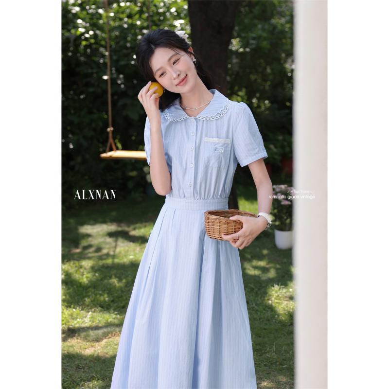 レディース 女性用 夏 サマー フレンチスタイル フランス風 青 ブルー ストライプ 縞模様 半袖 ショートスリーブ ウエストマーク ロング丈 マキシ丈 シャツワンピース