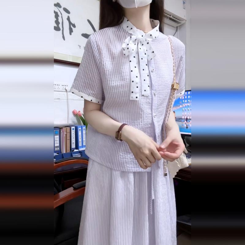 韓国風 ファッション 水玉模様 ドット柄 パープル 紫色 シャツ ブラウス ワンピース 女性用 レディース 夏物 サマー 2点セット アンサンブル フェミニン 優雅 ロング丈 マキシ丈