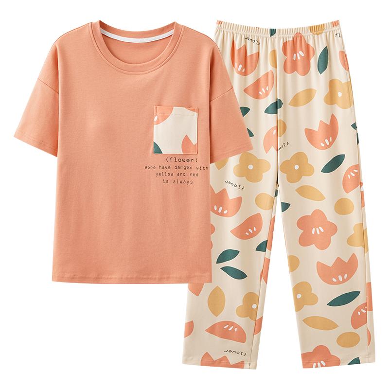 綿100% コットン100% カップ付き 半袖 長ズボン 上下セット 女性用 パジャマ ルームウェア 夏用 薄手 快適 リラックス 部屋着 外出着 寝間着 セットアップ ロングパンツ レディース