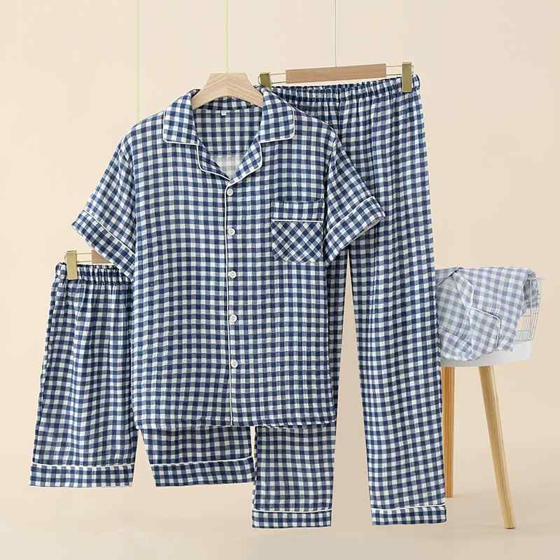 和風 シンプル 格子 チェック柄 ガーゼ パジャマ ナイトウェア 寝巻き メンズ 男性用 夏用 夏物 薄手 薄地 綿100% 純綿 半袖 ショートパンツ 短パン 長ズボン ロングパンツ ルームウェア 部屋着 3点セット