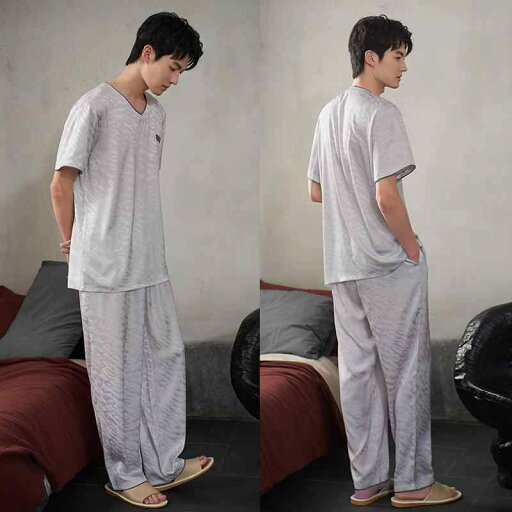 男性用 メンズ 夏用 アイスシルク 接触冷感 半袖 長ズボン 上下セット シルク調 パジャマ ルームウェア 外出可能 上質 高級感 大きいサイズ ゆったり 男性用 メンズ 夏用 アイスシルク 接触冷感 半袖 長ズボン 上下セット シルク調 パジャマ ルームウェア 外出可能 上質 高級感 大きいサイズ ゆったり