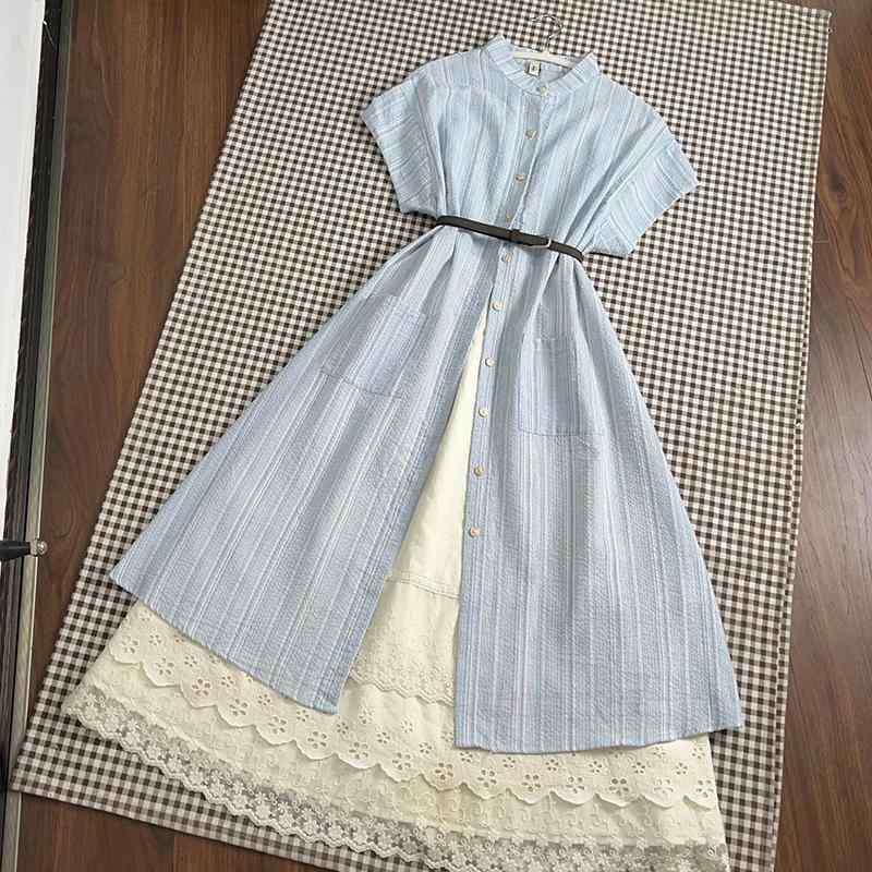 フランス風 学園 スタイル 上品 エレガント 青色 ストライプ 縞模様 シャツ ワンピース ドレス 女性用 レディース 夏 サマー シーズン 小柄 低身長 向け ロング丈 マキシ丈