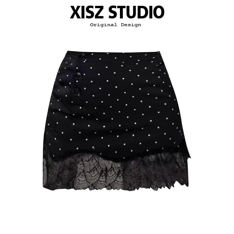 韓国ファッション エレガント 上品 レース切り替え ドット柄 水玉模様 レディース 女性用 春夏 Aライン ハイウエスト 着痩せ スタイルアップ プリンセス風 お嬢様系 ミニ丈スカート ショートスカート