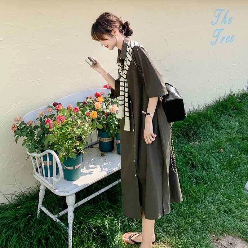 学院風 韓国ファッション ゆったり オーバーサイズ シャツワンピース ストライプ柄 ケープ風デザイン ロング丈 マキシ丈 グリーン 緑色 夏物 サマー レディース 女性用 新作 体型カバー 着痩せ