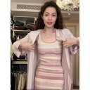 ピンク色のボーダー柄ニットワンピース ウエストマークデザイン ノースリーブ スリーブレス 女性用 レディース キャミソールドレス ジャンパースカート インナー 重ね着 レイヤード サマーニット ドレス