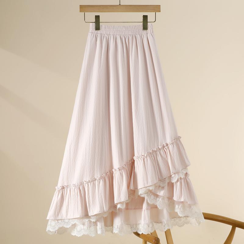 ピンク レースフリル 切り替えメロウフリル ティアードスカート レディース 夏物 アシンメトリー ハイウエスト フレア ふんわり ボリューム スカート