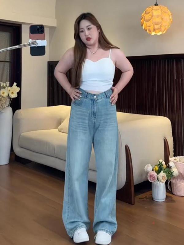 レディース 大きいサイズ ハイウエスト デニムパンツ 夏用 薄手 体型カバー 着痩せ効果 ストレート 超ロング丈 落ち感 ワイドシルエット 梨型体型対応 ジーンズ
