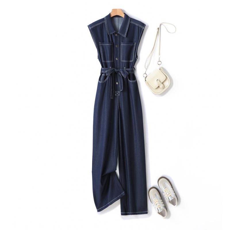 夏の新作 高見え 上質 フレンチ エレガント テンセル デニム オールインワン レディース ノースリーブ ジャンプスーツ 上品カジュアル サロペット