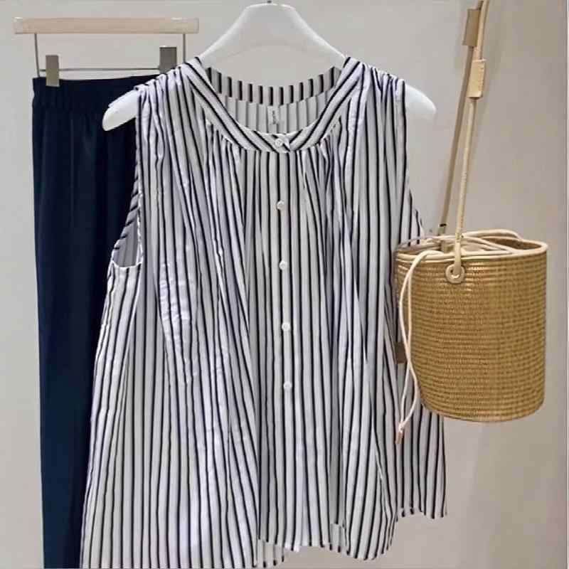 白黒 縦ストライプ ノースリーブ 綿麻混 シャツ ブラウス レトロ クラシック 文芸風 エレガント リゾート バカンス スタイル 女性用 サマー トップス