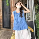 レディース 女性用 アシンメトリー ヘムライン フリル レース リボンタイ ノースリーブ 袖なし ブラウス シャツ 涼しい 夏 サマー クラインブルー ゆったり リラックスフィット チュニック丈 トップス